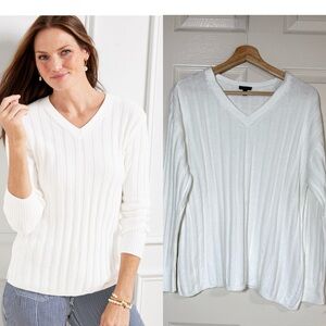 Talbots Women Classic White V-Neck Sweater Cotton Linen Blended Size XL